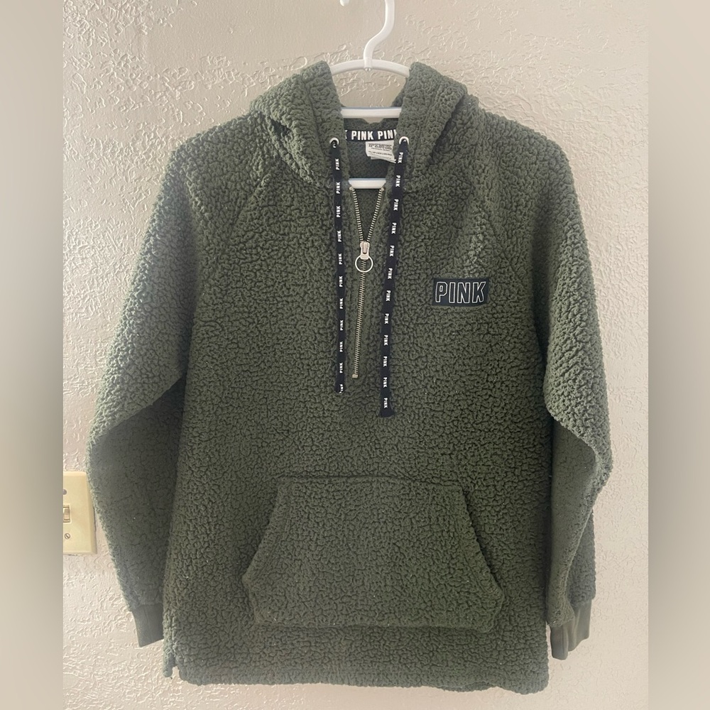 PINK Victoria's Secret Y2K Forest Green Oversized Sherpa Pullover Hoodie Size XS